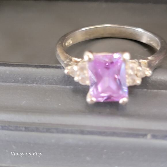 Classic Cut Sterling Silver Amethyst Ring with Crystal Accents, Size 6 1/2 - Picture 5 of 10
